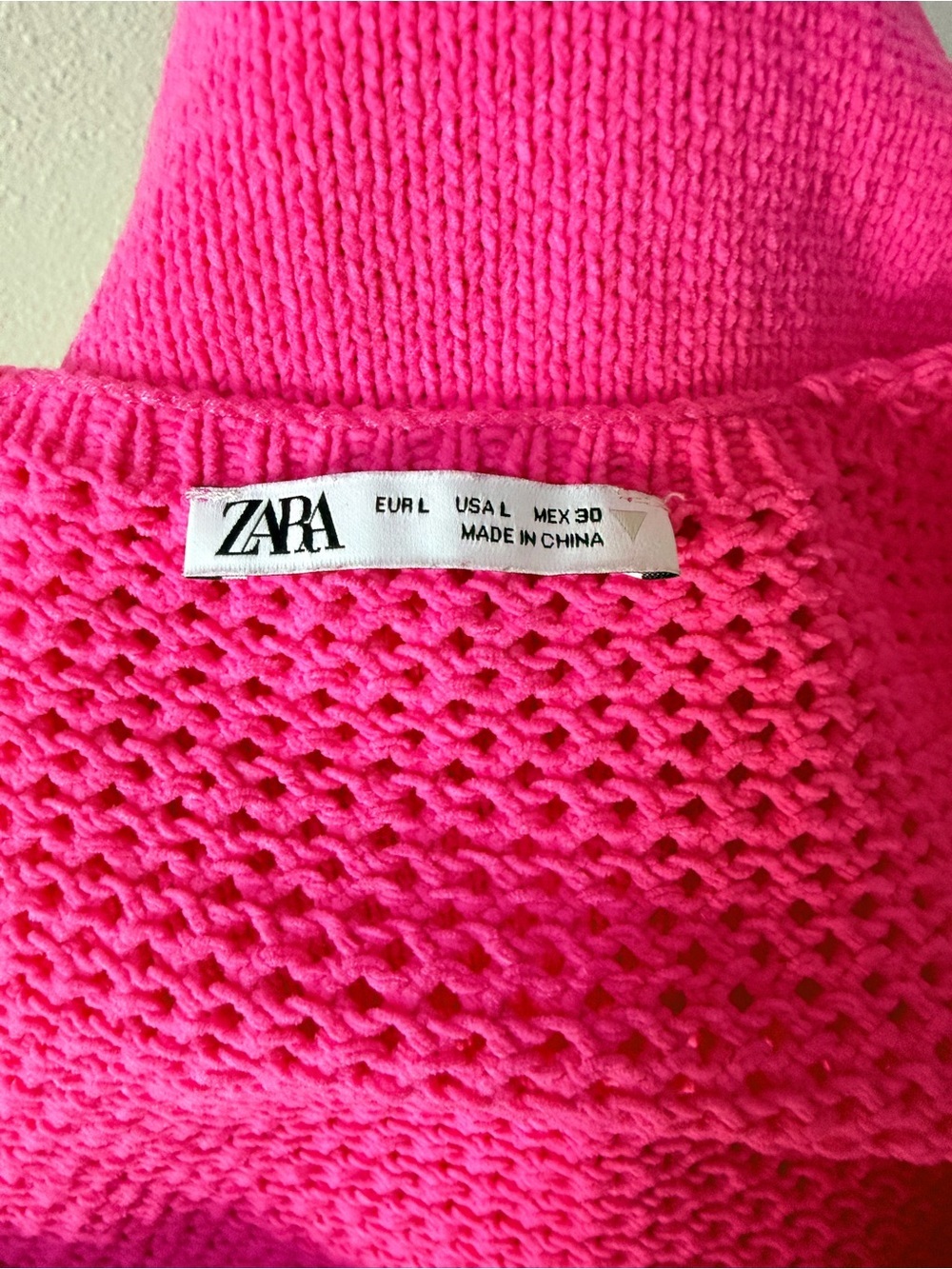 ZARA Hot Pink Crochet Cable Knit Mini Dress Size Large Square Neck Barbiecore - Picture 8 of 11
